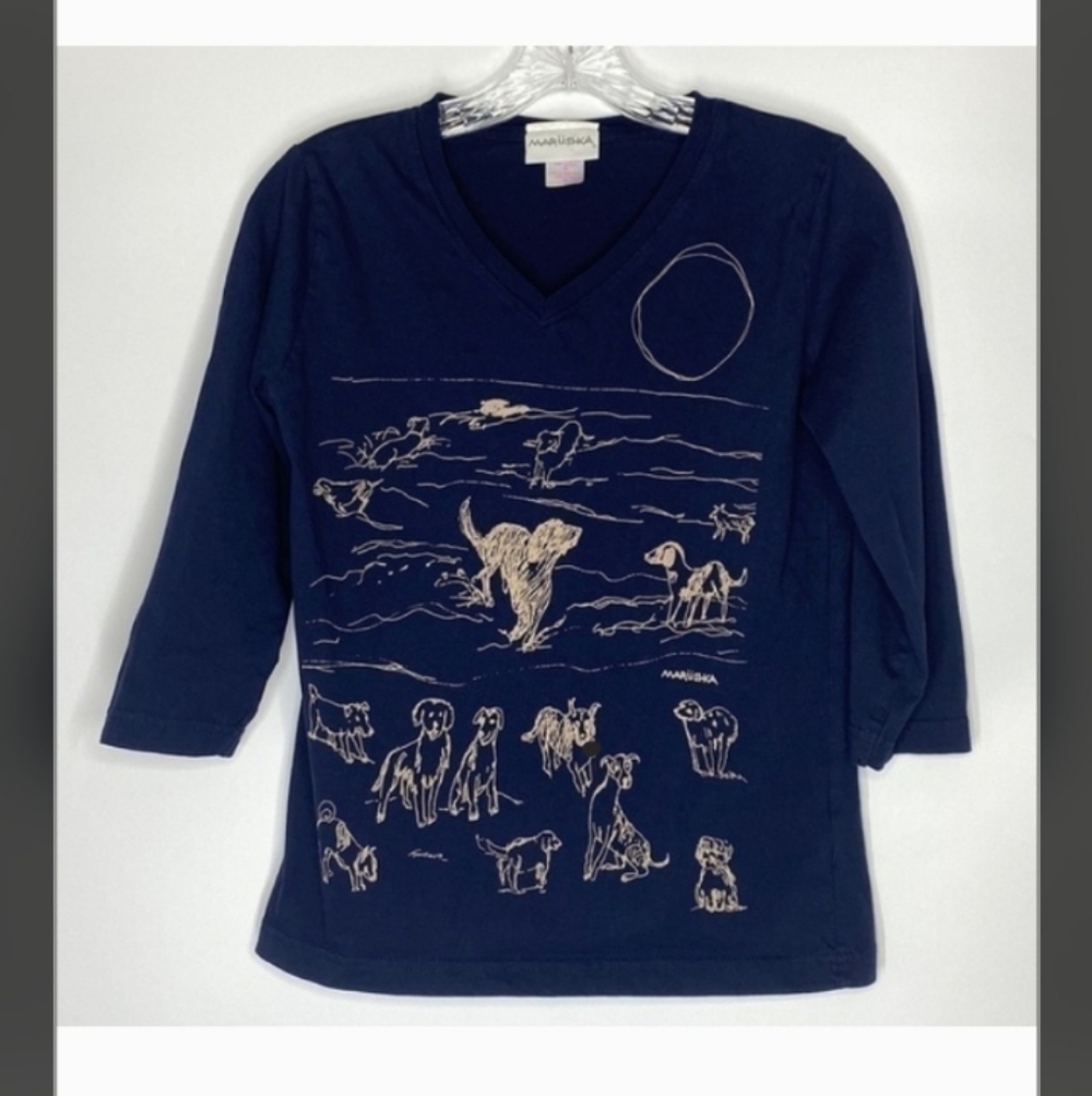 Marushka Navy Blue Dog Vneck 1/2 Sleeve Shirt Size Medium